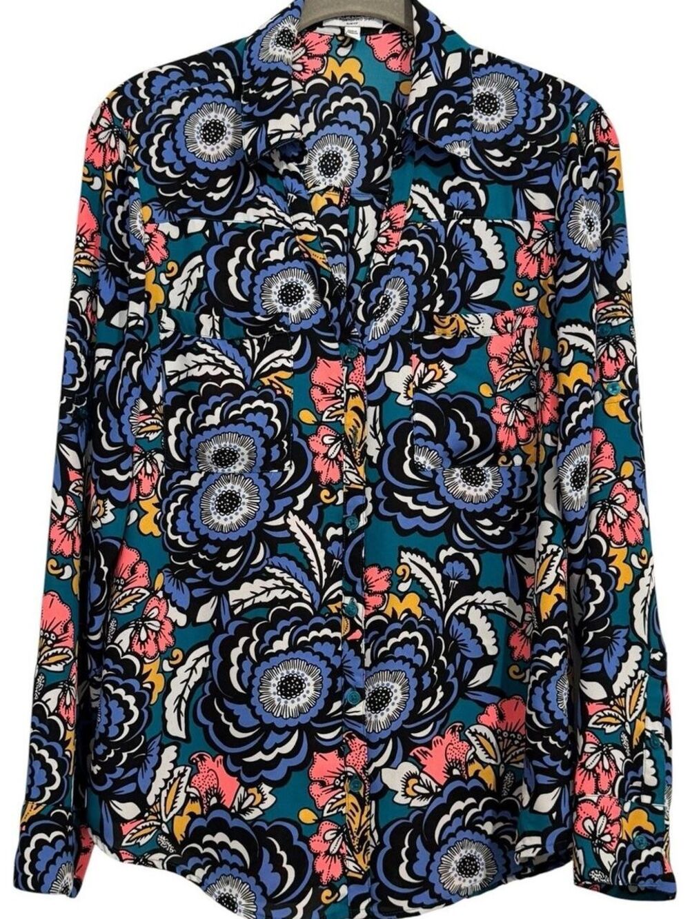 Express The Portofino Shirt Women's Medium Slim Fit Floral Print Blouse Top